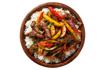 Traditional Peruvian lomo saltado with beef, red peppers, fries, and rice on wooden plate, isolated on white transparent background, South American Cuisine concept