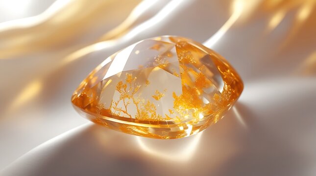 Exquisite close up of a golden rutile quartz gemstone on white satin fabric