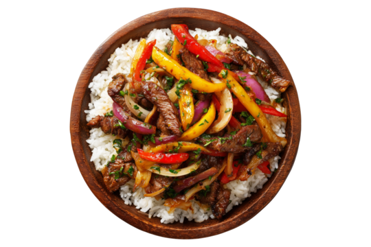 Traditional Peruvian lomo saltado with beef, red peppers, fries, and rice on wooden plate, isolated on white transparent background, South American Cuisine concept