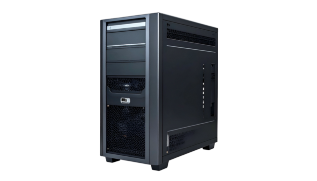Dark gray desktop PC tower, with mesh accents, angled view