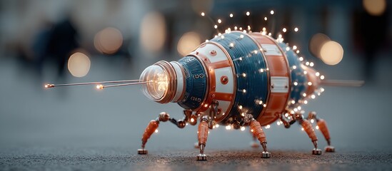Steampunk insect robot with glowing lights on a dark surface