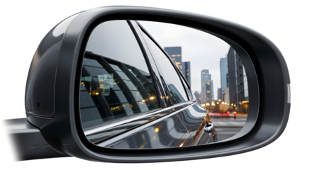 Car Side Mirror Reflection of Cityscape and Modern Buildings at Dusk