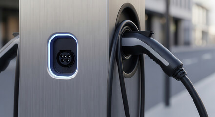 Charging station with sleek design features a power bank connector, illuminated interface, and modern aesthetics, representing the future of electric vehicle infrastructure and energy solutions