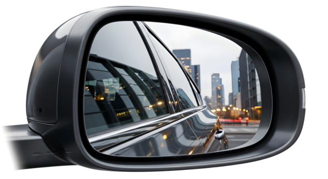 Car Side Mirror Reflection of Cityscape and Modern Buildings at Dusk