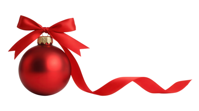 A single shiny red oval christmas ornament with a festive red ribbon bow tied at the top isolated on transparent background