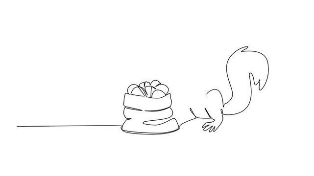 Animation of continuous one line drawing squirrels eat walnuts and small sacks full of walnuts. Food to maintain squirrel. National Walnut Day. Single line self drawing animated. Full length motion