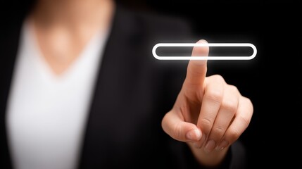 Focused woman engaging interactive touch screen interface high tech digital control user experience.