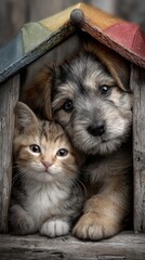 Fototapeta premium Cute dog and cat sheltered under a colorful umbrella - concept of pet insurance and protection