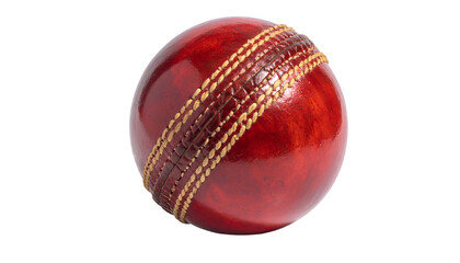 Red leather ball with stitched seam against a black backdrop