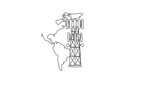 Animation of continuous one line drawing full globe with a transmitter tower in the middle. World Telecommunication and Information Society Day. Single line self drawing animated. Full length motion