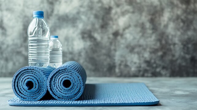 Still life of blue yoga mats and water bottles against a textured gray background for fitness