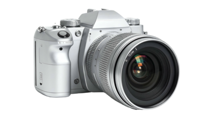 Silver DSLR camera with large lens, angled view on a black background