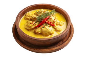 Aji de Gallina creamy Peru poached chicken coated in a spicy and creamy nut-based sauce, herbs, and walnuts served in wooden bowl isolated on white background, concept of South American Cuisine