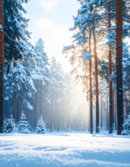 Surreal Dawn in a Snow-Draped Pine Forest Generative AI