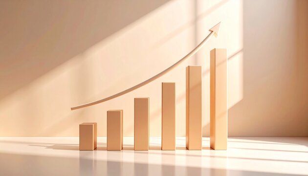 Beige 3D bar chart with upward arrow on soft-lit surface.