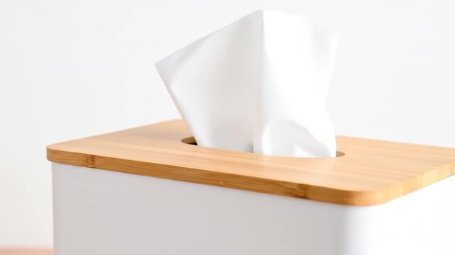 Tissue box with white exterior and light brown bamboo trim