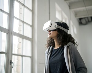 Young woman wearing a virtual reality headset looks out a large window contemplating the future of technology