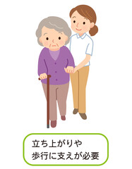 支えてもらいながら歩く高齢者　介護