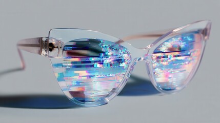 A stylish pair of cat-eye sunglasses featuring reflective lenses that display a vibrant, holographic pattern.