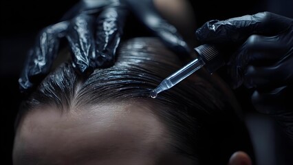 Hair serum is being applied to the scalp using a dropper, with gloved hands. Concept Hair serum application on scalp, Dropper precision in scalp care, Gloved hands applying treatment
