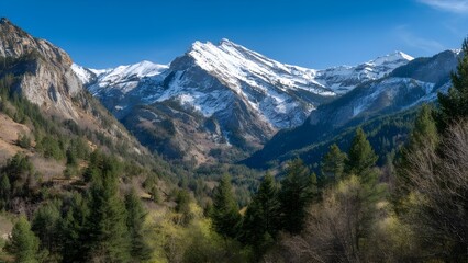 Snow-capped mountains framed by evergreen forests beneath a clear blue sky. Concept Snow-Capped Peaks, Evergreen Forests, Clear Blue Sky, Winter Landscape, Majestic Mountains