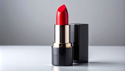 Red lipstick with black and gold casing on white surface.