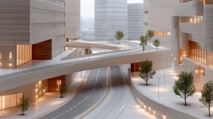 Futuristic Cityscape Architectural Traffic Model With Elevated Roadways Pedestrian Bridges and Modern Buildings Illuminated by Warm Lights