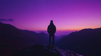 Obraz premium Silhouette of a person against a vibrant purple sky at sunset in the mountains. Peaceful moment in nature.