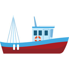 Fishing Boat With Red Hull And Blue Top White Superstructure And Life Buoy Illustration