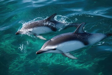 Obraz premium Hectors dolphins swimming together, endangered mother and calf pair in their natural habitat off the coast of New Zealand