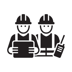 Two construction workers in hard hats with tablet and radio