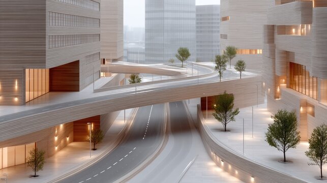 Futuristic Cityscape Architectural Traffic Model With Elevated Roadways Pedestrian Bridges and Modern Buildings Illuminated by Warm Lights