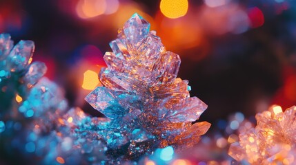 Crystalline bonsai Christmas tree, growing from a bed of iridescent minerals, subtle internal glow, extreme