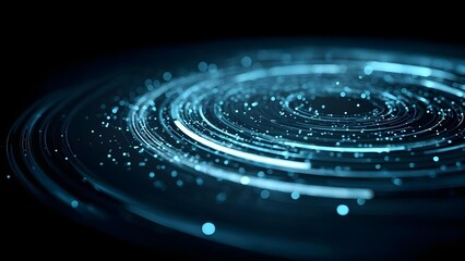 Plakat Blue glowing concentric rings with scattered light particles swirling in a dark background, like a futuristic data vortex. Concept Blue glowing concentric rings, Data vortex visualization