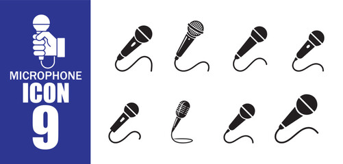 9 mic icon. Microphone Icon Set with Cables. Handheld Audio Mic Symbols Collection on White Background