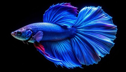 Blue Betta fish with flowing fins on black background.