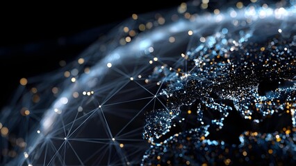 Glowing data nodes connected by lines across a dark, bokeh-lit digital network Concept Glowing data nodes connected by neon lines in a dark digital network