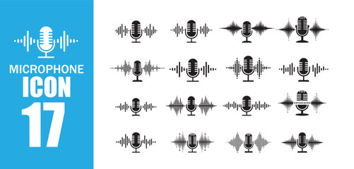 Obraz premium 17 Microphone Icon. Microphone Icon Set with Sound Wave Elements