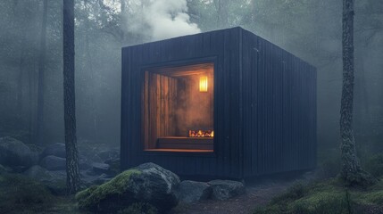 Finnish Sauna - Charred Wood & Hot Stones: A traditional Finnish smoke sauna, exterior of deeply charred wood, with glowing hot stones visible through a small opening, steam rising,