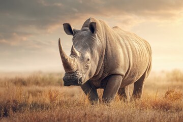 Obraz premium Critically endangered northern white rhino roams the savannah at sunset, highlighting its majestic presence in a diminishing habitat