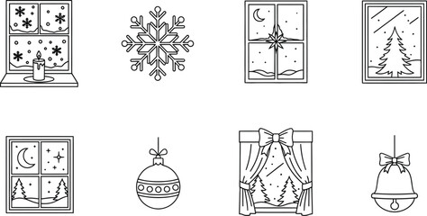 Hand-drawn Christmas and winter holiday icon set with snowflakes, gifts, and decorations