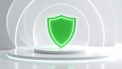 Green glowing shield icon on white platform in futuristic tunnel.