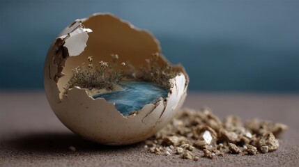 Obraz premium A cracked eggshell reveals a serene landscape with a river and greenery inside, symbolizing new beginnings and nature's beauty.