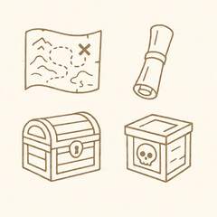 冒険の地図と宝箱のイラストセット