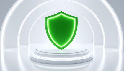 Green glowing shield icon on white platform in futuristic tunnel.