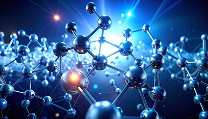 Futuristic molecular structure with metallic atoms and glowing bonds.