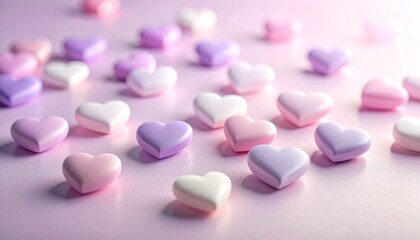 Pastel heart shapes scattered on reflective surface with soft lighting.