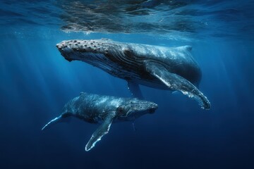 Obraz premium Humpback whale and calf swimming gracefully in clear ocean waters during daylight hours
