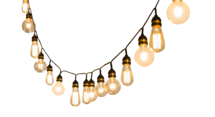 String of Warm Edison Bulb Lights Hanging in Transparent Background for Cozy Atmosphere