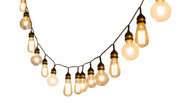 String of Warm Edison Bulb Lights Hanging in Transparent Background for Cozy Atmosphere